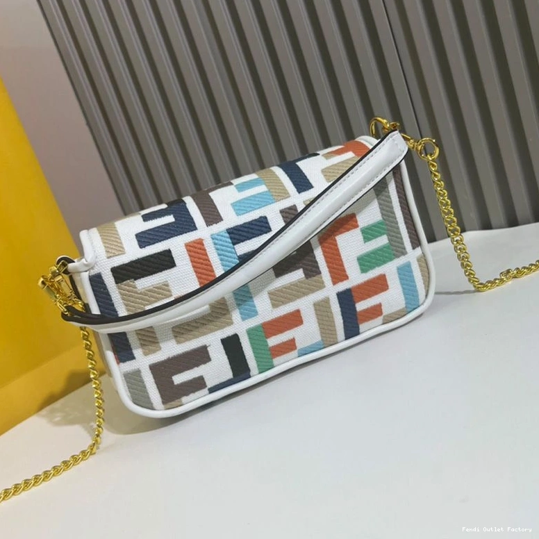 Affordable HOT Fendi Multi Motif White In Canvas Bag FF Mini Baguette 0721